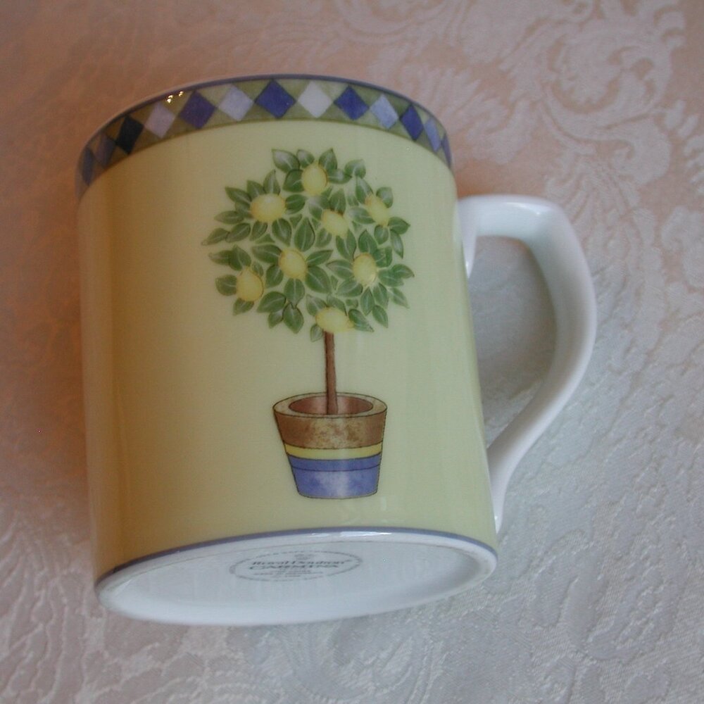 NWOT 2 Royal Doulton 1999 Carmina Indonesia Fine China Lemon Tree Topiary mugs